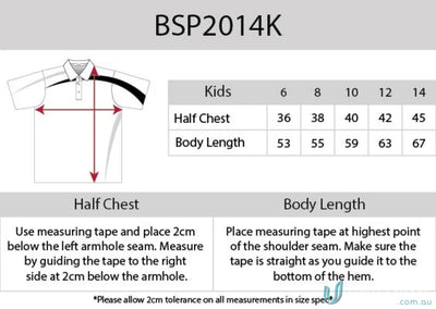 Kids Planett Polo size chart highlighting cooldry moisture and moisture management tech