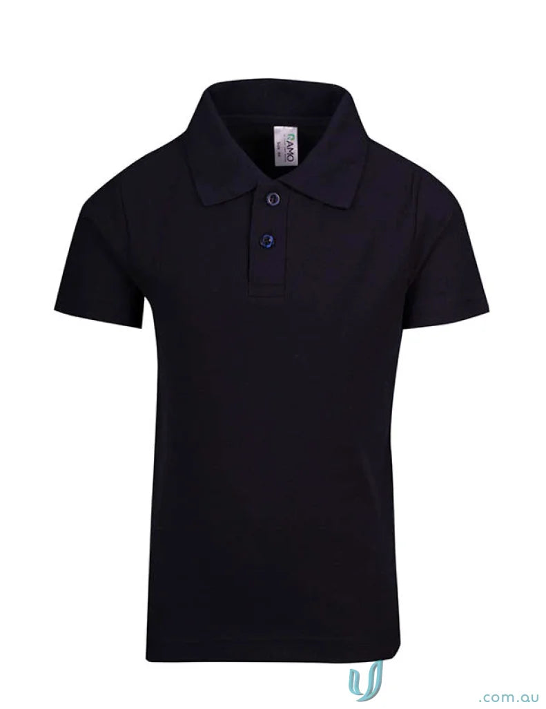 Black kids polo shirt with short sleeves classic collar and two buttons ideal for uniforms and workwear use