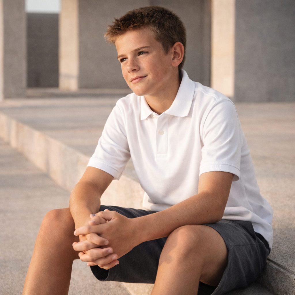 White kids polo shirt for uniforms, short sleeve front view