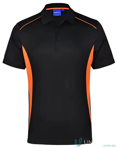 Kids Pursuit Polo black polo shirt with orange side panels and shoulder piping
