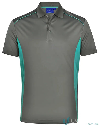 Kids Pursuit Polo shirt in dark grey with teal side panels and piping for boys