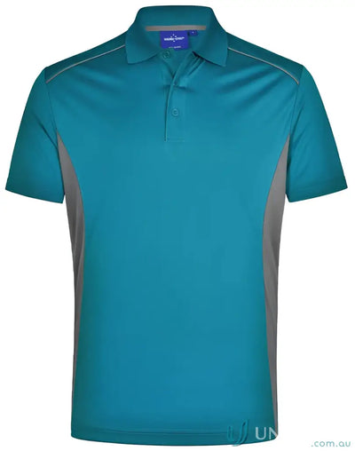 Kids Pursuit Polo in teal with grey side panels and white shoulder piping