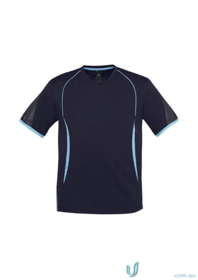 Navy blue Kids Razor Tee from t406ks biz collection with light blue trim, made of biz cool polyester