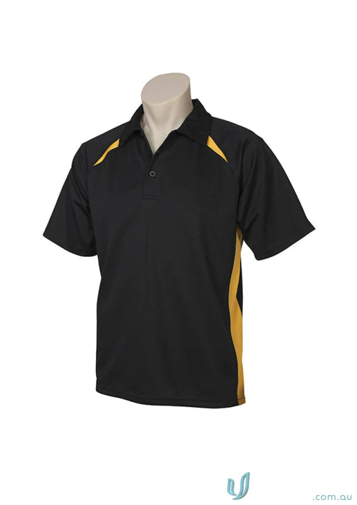 Kids Splice Polo with black fabric and stylish gold contrast panels on shoulders