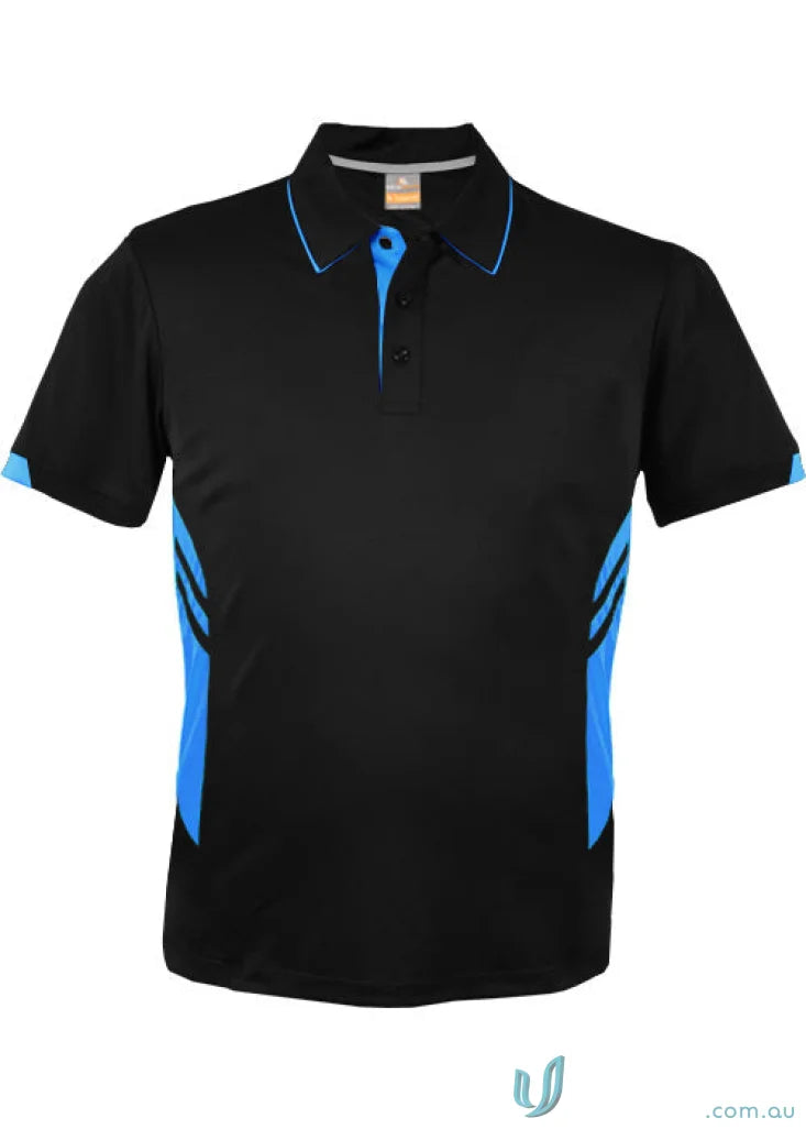 Kids Tasman Polo shirt in black and blue, perfect for boys and girls