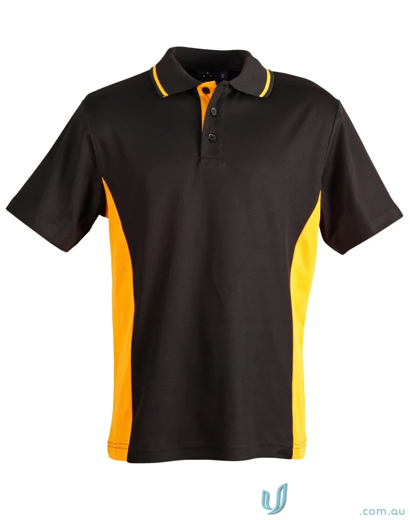 Kids Team Mate Polo in black with orange side panels and yellow trim, ps73k style