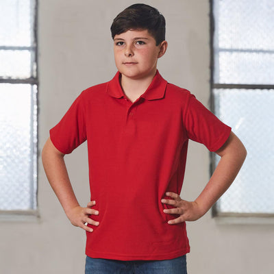 Red premium kids polo shirt with classic collar and buttons