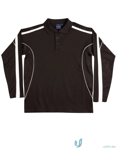 Kids TrueDry Legend LS Polo with black long sleeve and white stripes for fashion long sleeve style