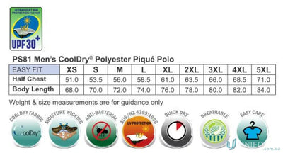 Sizing chart and features for Kids Verve Polo, perfect for PS81K Kids Uniforms and stylish kids sets