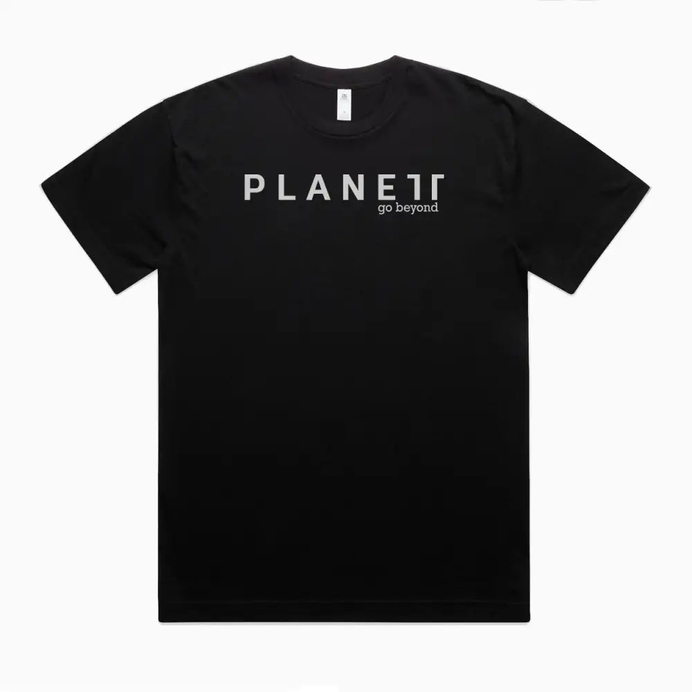 Kik Oversize Tee: black short-sleeve with Planet Go Beyond print, double needle hems