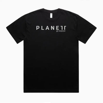 Kik Oversize Tee: black short-sleeve with Planet Go Beyond print, double needle hems