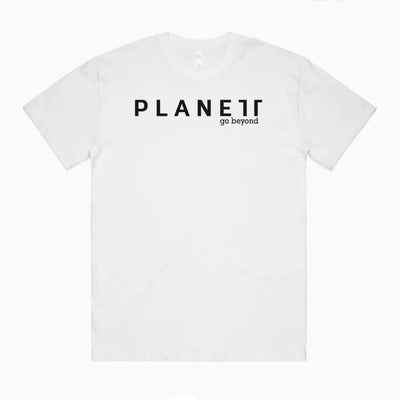 Kik Oversize Tee with white short-sleeve, black planet go beyond print, wide neck ribbing