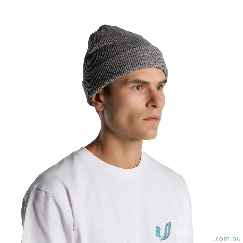 Gray ribbed knit beanie with longer body from Knit Beanie 1115 AS Colour Wool Acrylic Blend