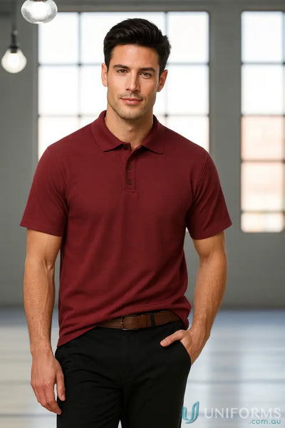 Mens maroon Krue Polo with short sleeve, durable top-stitched armholes, twin needle sleeve