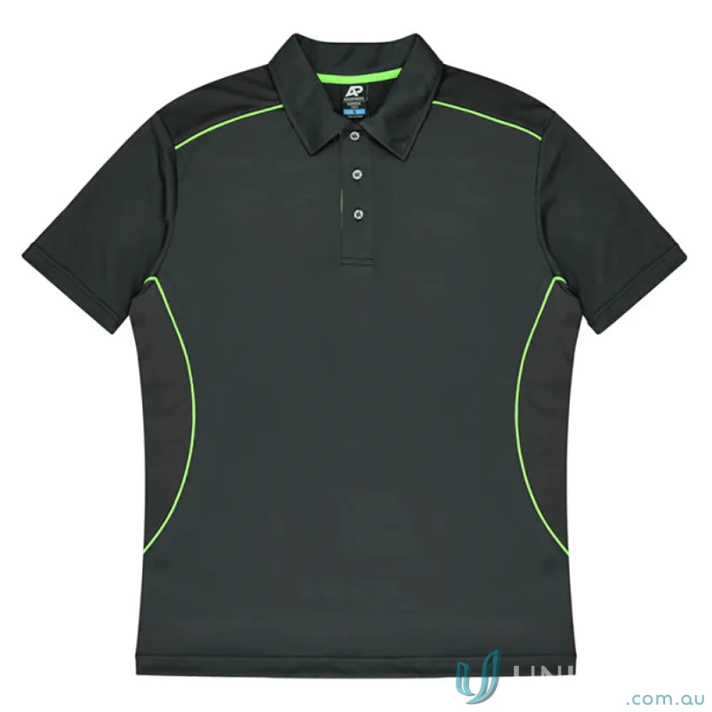 Kuranda Mens Polo with ice hole mesh, dark gray short-sleeve polo shirt with lime green piping