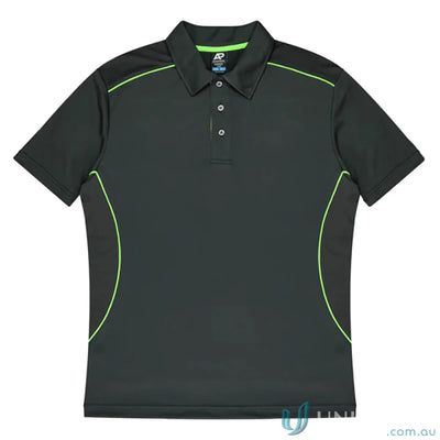 Kuranda Mens Polo with ice hole mesh, dark gray short-sleeve polo shirt with lime green piping