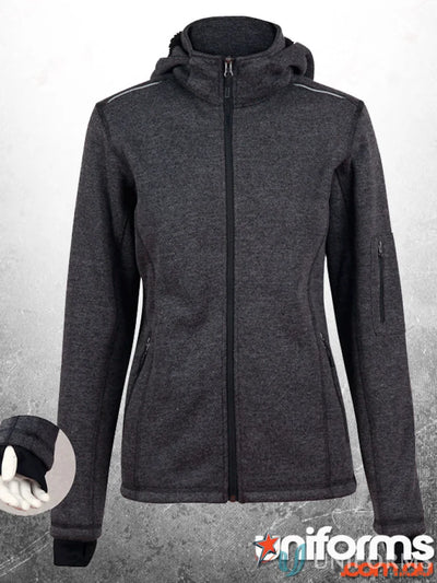 Gray hooded zip-up jacket from Ladies Acland Jacket collection with practical design, hands warm feel