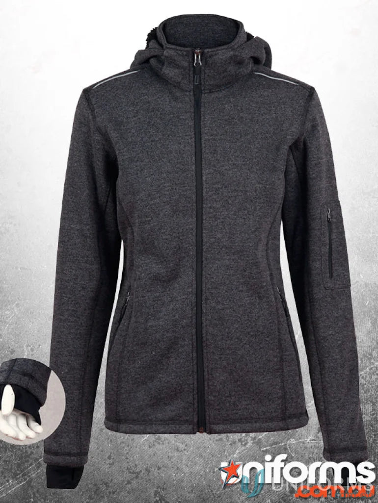 Gray hooded zip-up jacket from Ladies Acland Jacket collection with practical design, hands warm feel