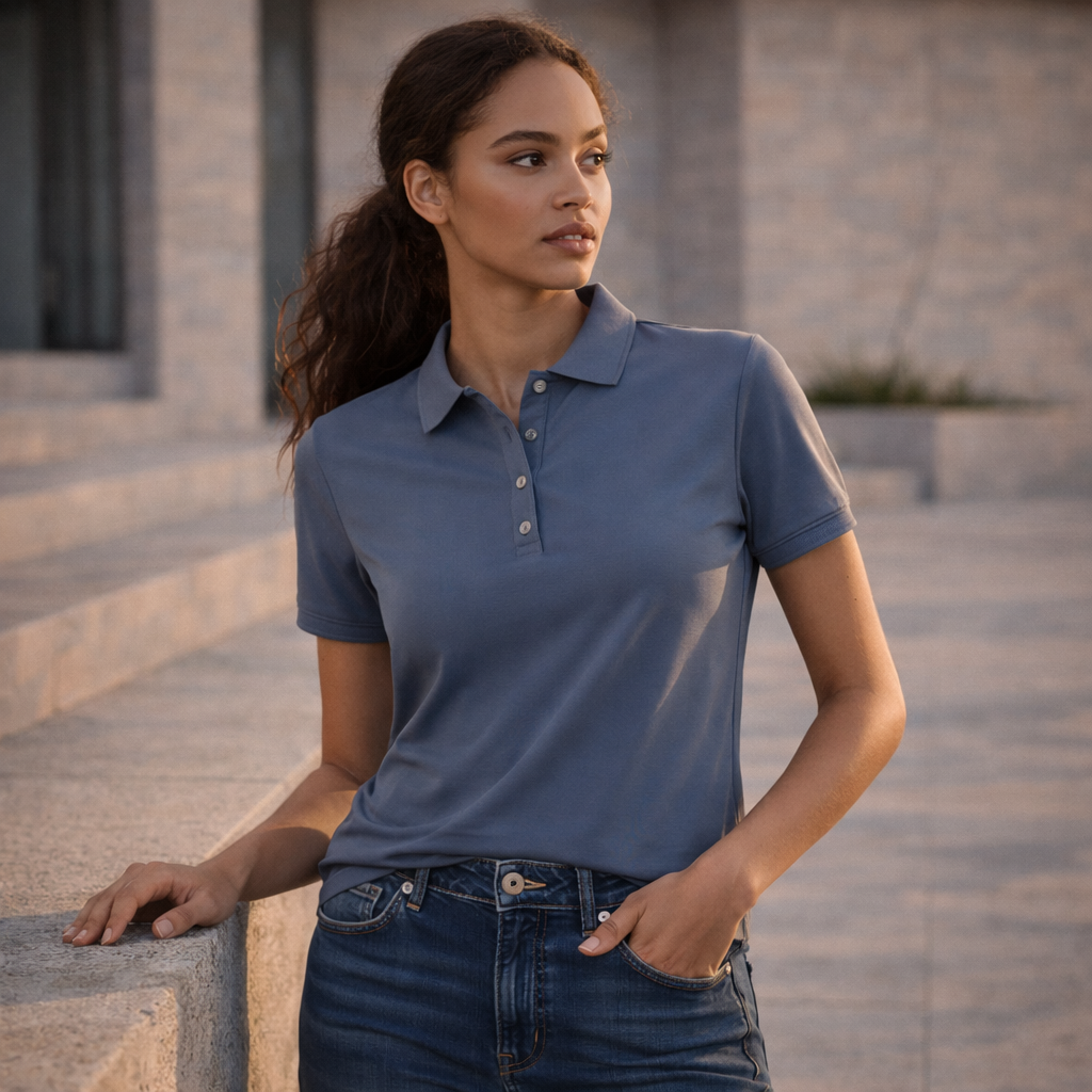 Ladies Ainslie city polo in slate blue short sleeve