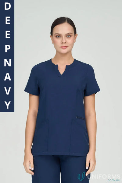Ladies Anna Scrub Top in deep navy with princess seams and a flattering shaped silhouette