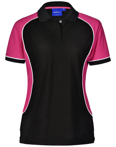 Ladies Arena Polo in black pink with white trim Truedry pique fabric