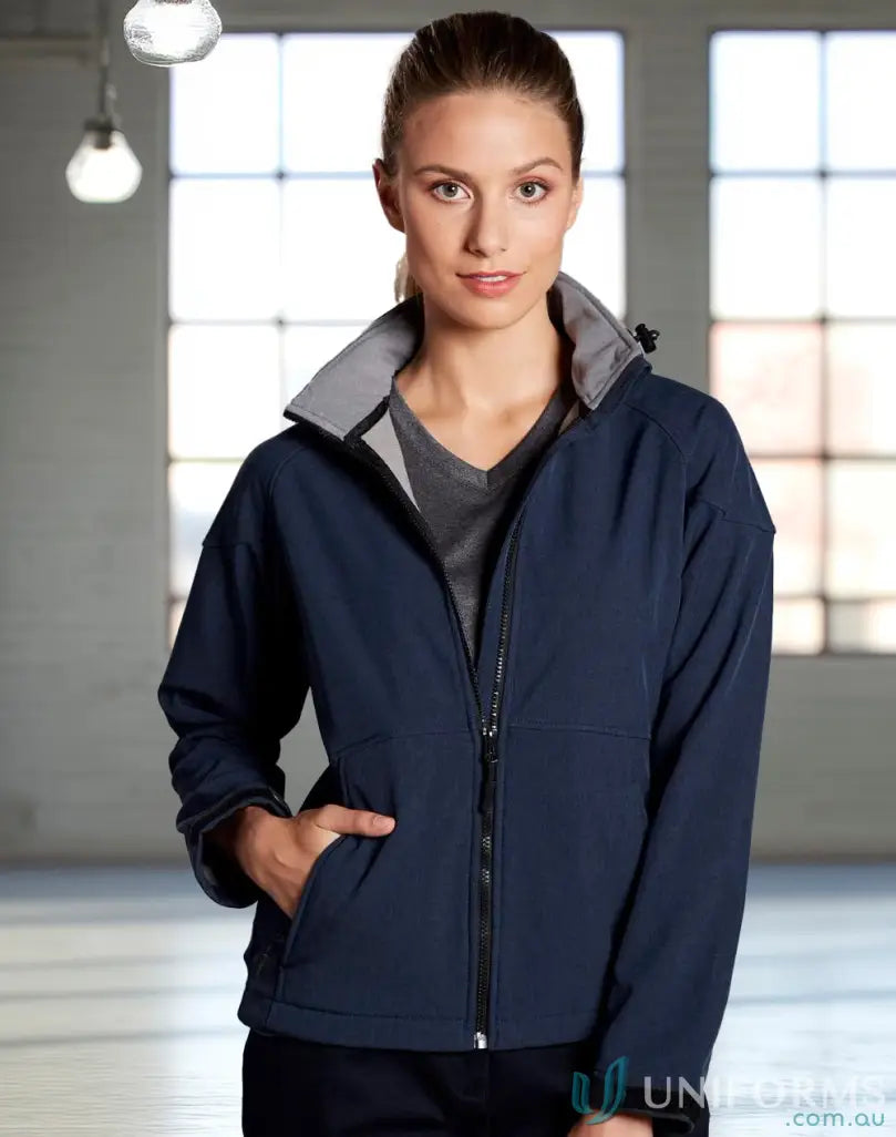 Women’s navy jk34 Aspen Softshell ladies Aspen softshell hooded jacket for outdoor wear