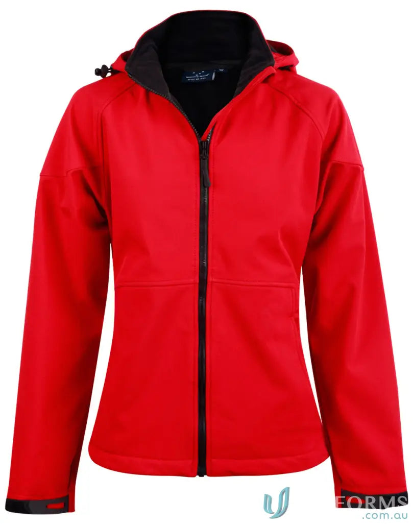 Red hooded softshell jacket from JK34 Aspen Softshell Ladies Aspen collection