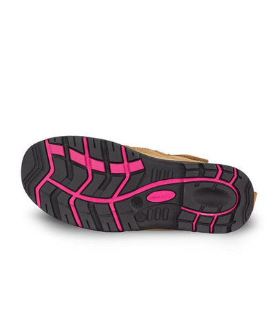 Ladies Atrax Zip safety boot back with composite toe cap, tan upper, black pink sole