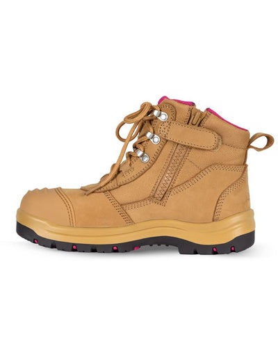 Ladies Atrax Zip safety boot with tan leather, pink accents, composite toe cap