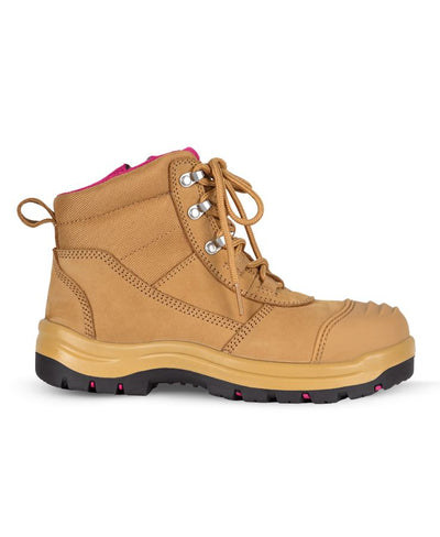 Ladies Atrax Zip safety boot with composite toe cap, tan leather, pink lining