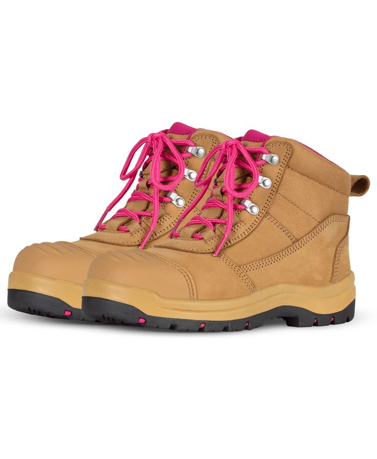 Ladies Atrax Zip safety boot with tan leather, pink laces, composite toe cap