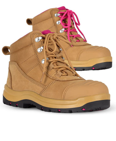 Ladies Atrax Zip safety boot with composite toe cap, tan with pink laces