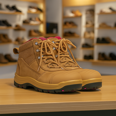 Ladies Atrax Zip safety boot with composite toe cap, tan leather, pink sole accents