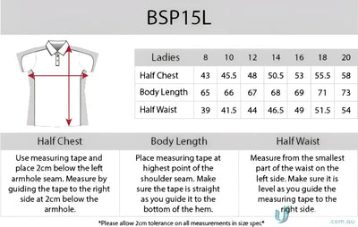 Clothing size chart for Ladies Auburn Polo with cooldry micromesh and loose pocket style