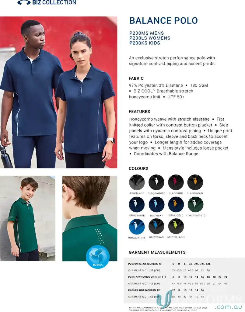 Ladies Balance Polo displaying men’s, women’s, and kids’ polos with biz cool™ technology
