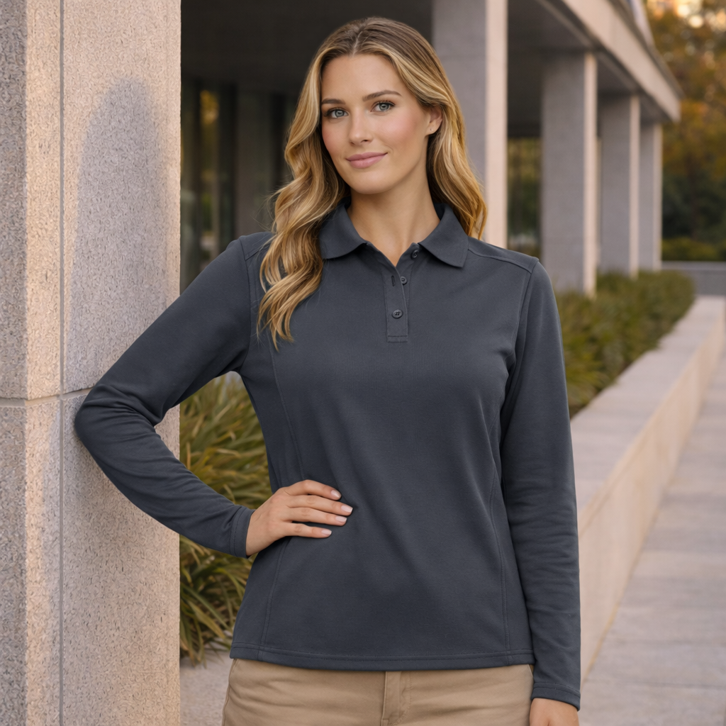 Ladies lucky bamboo dark gray long-sleeved polo shirt front view