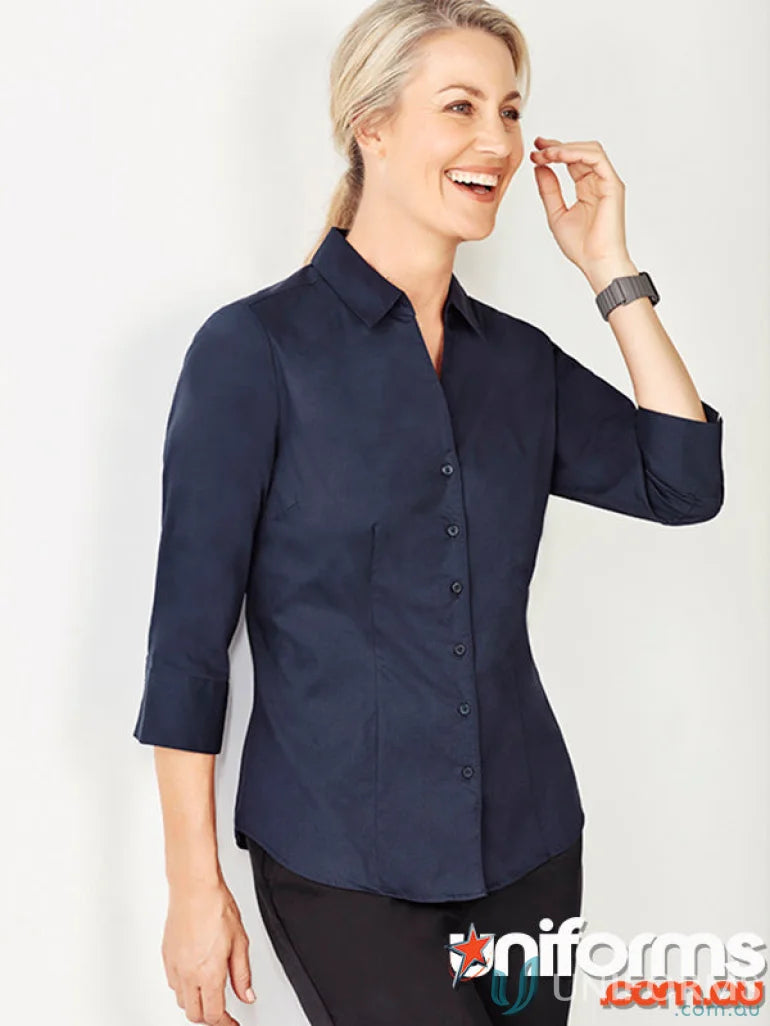 Womens Monaco shirt navy blue three-quarter sleeve blouse with french cuffs and tailored fit