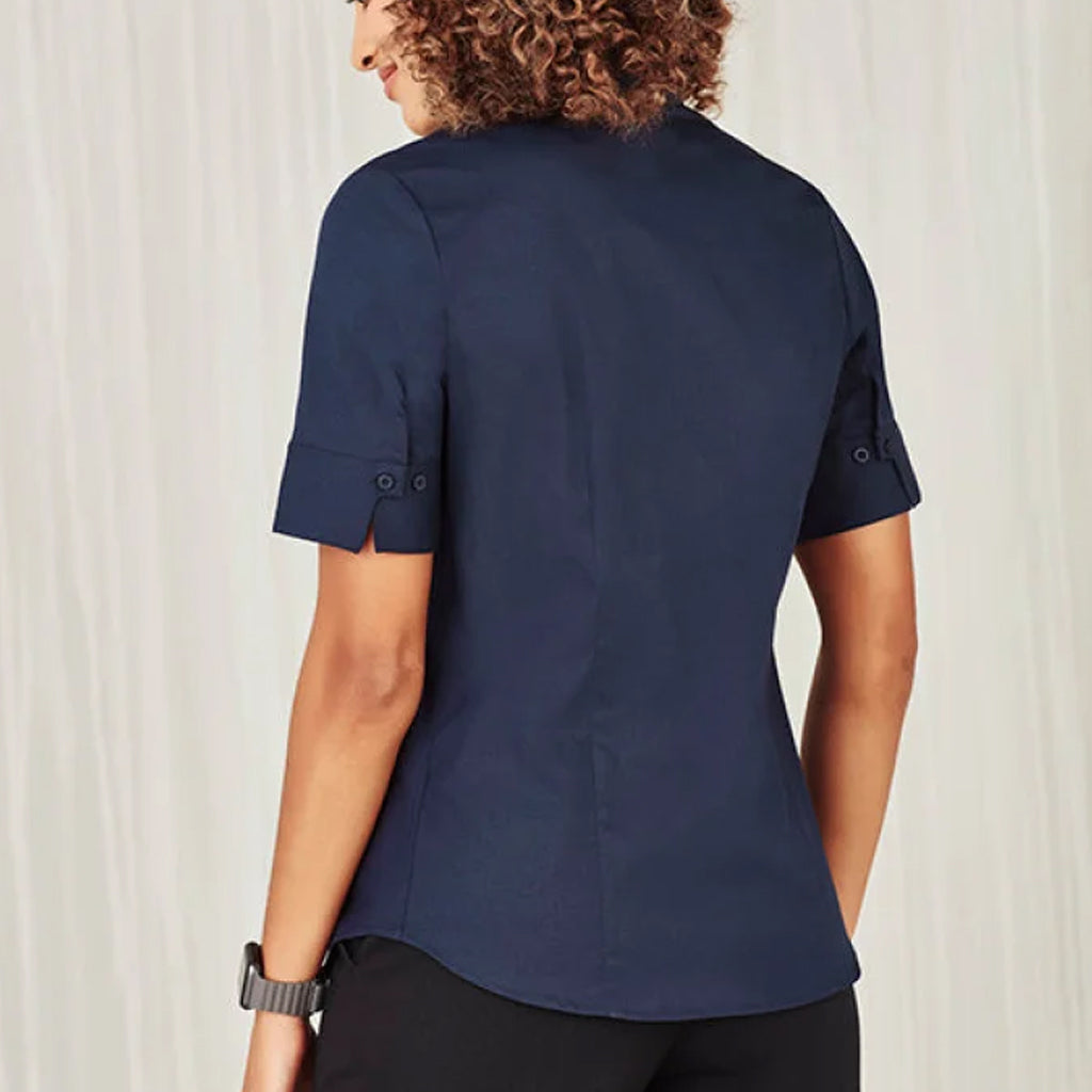 Biz collection ladies Bentleigh SS shirt in navy blue with rolled cuffs