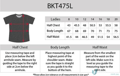 Clothing size chart for Ladies Black Kanvas Soft Touch Tee with aegis microbe shield and cooldry moisture management