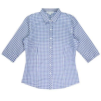Brighton lady shirt: blue white gingham 3Q sleeve button-up