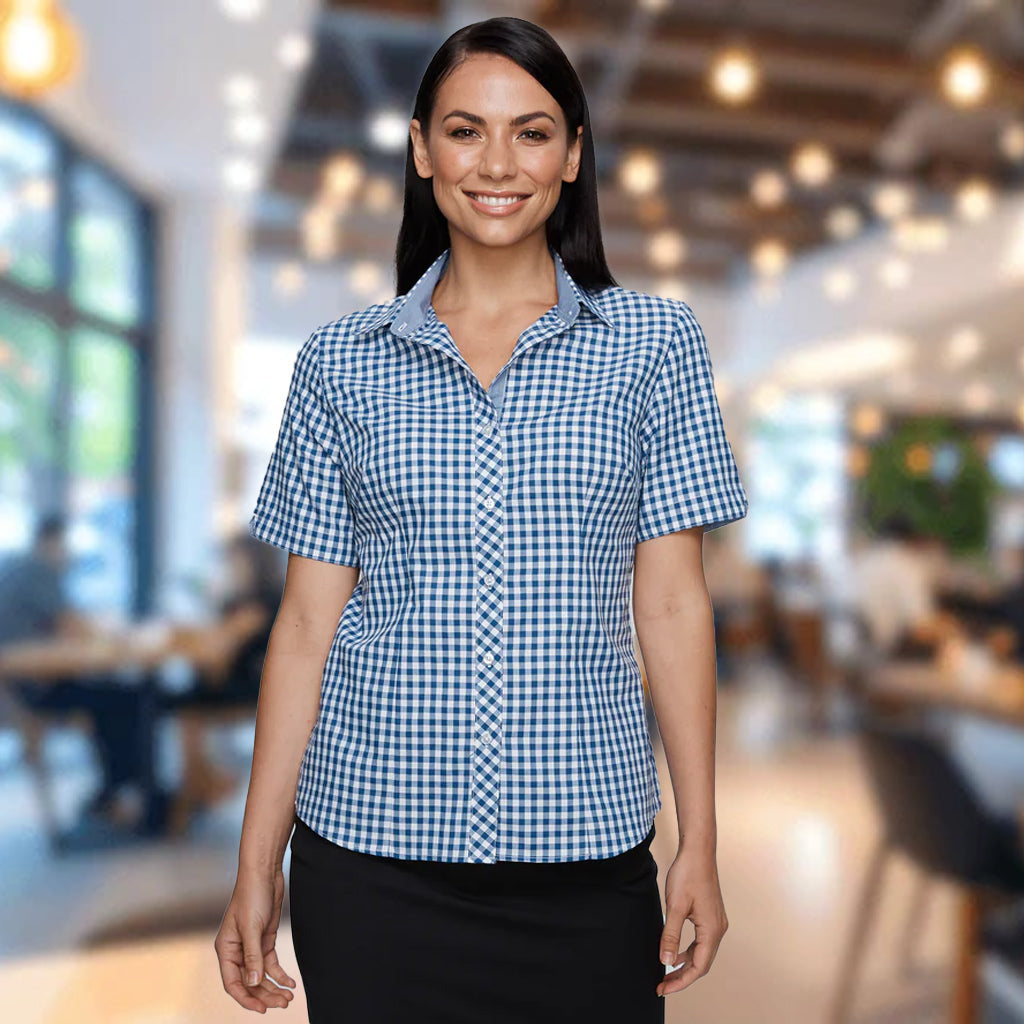 Ladies Brighton SS shirt in blue white checkered pattern with light blue collar