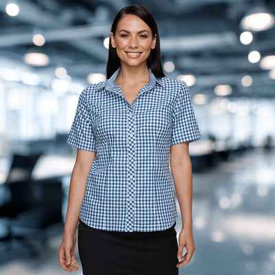 Brighton lady shirt: blue white gingham short sleeve w light blue collar