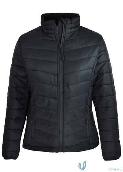 Ladies Buller Jacket featuring a stylish black quilted puffer workwear look