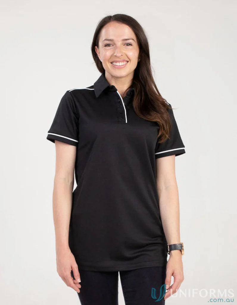 Ladies Campbell Polo in black with white trim made from recycled fibres with cooldry moisture management