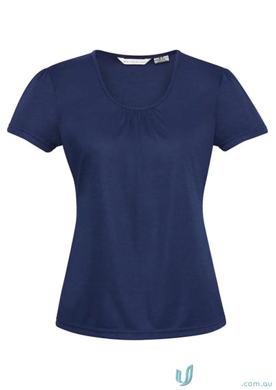 Navy blue short-sleeved T-shirt from K315LS Ladies Chic with polyester interlock knit for versatile style