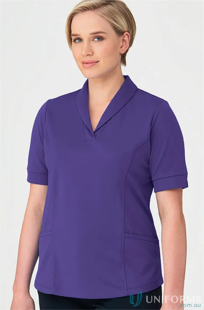 Purple short-sleeved collared shirt for Ladies City Health Active Top, perfect workwear or uniforms with roll collar style