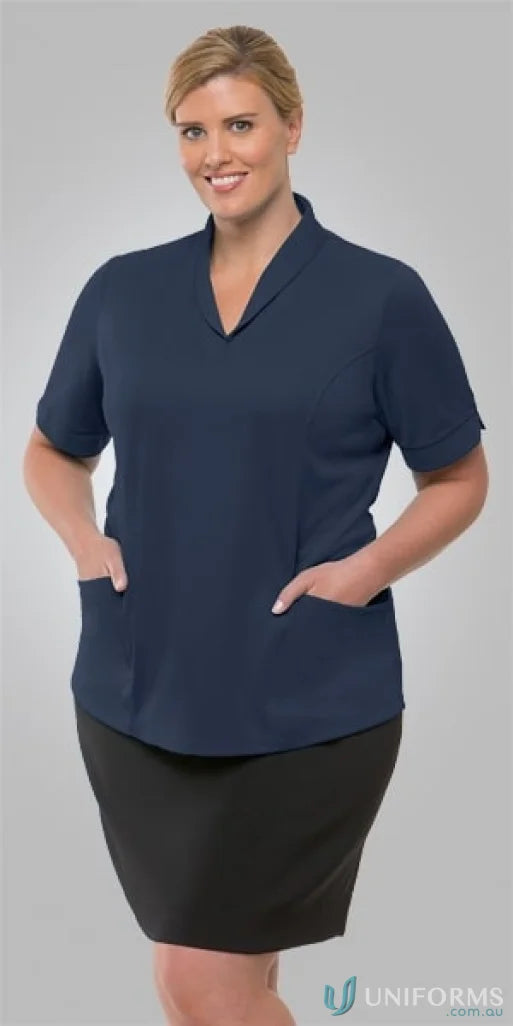 Woman in navy tunic and black skirt wearing Ladies City Health Active Top with roll collarperfect workwear or uniforms pickup