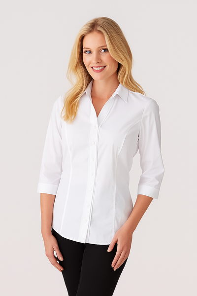 Ladies City Stretch Classic 3Qtr sleeve shirt, white tailored blouse