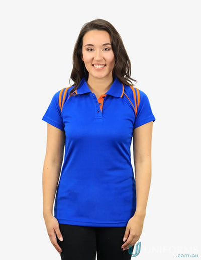 Blue and orange Ladies Cobra SS Polo with cooldry moisture management tech for comfy wear