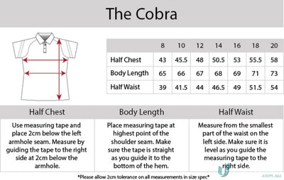 Clothing size chart for Ladies Cobra SS Polo with cooldry moisture management tech